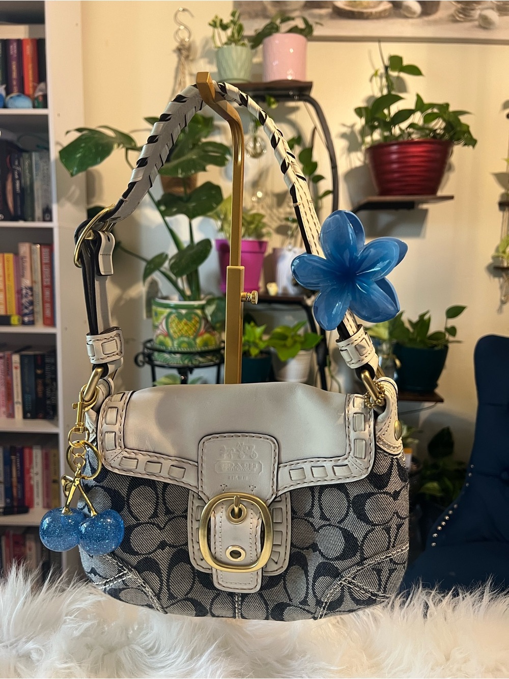 Coach Small Signature Shoulder Bag in Black and Cream with Gold Hardware
